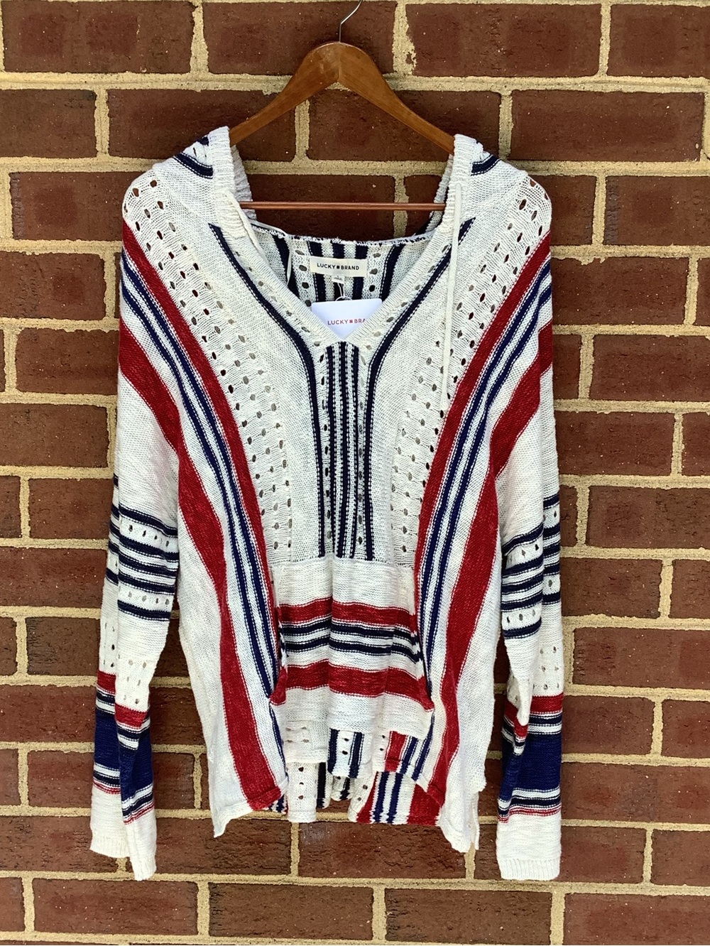 NWT Lucky Brand Americana Patriotic Sweater Open Knit Hooded Cover Up Slouchy L